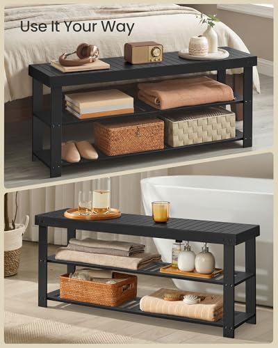 Shoe Rack Bench 3-Tier Bamboo Entryway Storage, 42.9W In Black