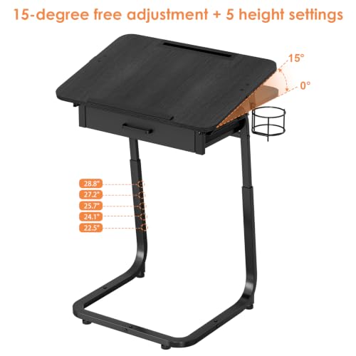 Adjustable Height TV Tray Table with Drawer & Cup Holder - Black