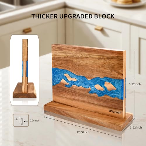 Magnetic Knife Block Brown+Blue - Double-Sided Acacia Wood & Resin Kitchen Organizer