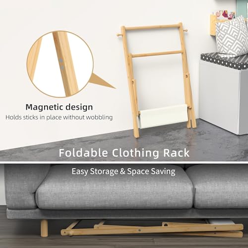 Natural Bamboo Baby & Pet Clothes Rack with Storage Shelf & Double Rods
