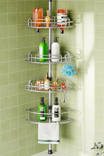 HAMITOR Silver Gray Corner Shower Caddy Tension Pole 4-Tier Rustproof Organizer
