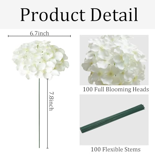Ivory Faux Hydrangea Flowers Bulk - 100 Pcs Artificial Silk Flowers with Stems for Wedding & Home Decor