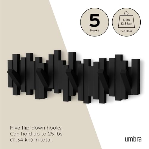 Umbra Sticks Wall Mount Coat Rack Black, 5 Flip-Down Hooks - Modern Home Organizer