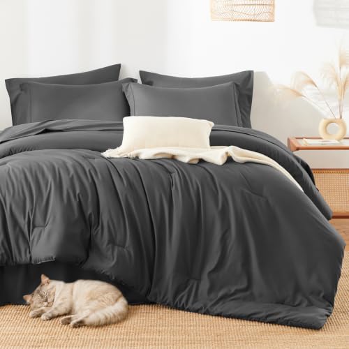 HIMEET Queen Comforter Set Dark Grey 7-Piece Bed in a Bag - Soft & OEKO-TEX Certified