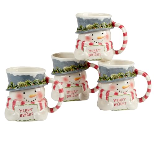 Snowman 18oz Festive Mugs Set of 4 | 3-D Santa Watchable Everyday Coffee & Cocoa Cups