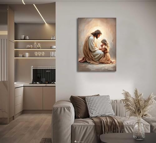 EFGETTPD Jesus Praying with Girl Canvas Wall Art 36x24 in Religious Decor