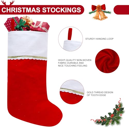 Subyan 12 Pack Felt Christmas Stockings - 19 Inch Red & White Holiday Hanging Ornaments with Gold Trim