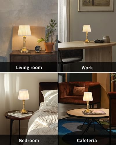 KDG Gold Cordless Table Lamp with Beige Fabric Shade - Portable Desk Light