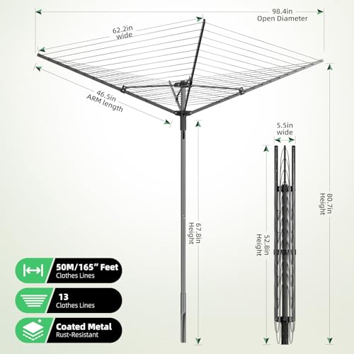 Heavy Duty Outdoor Clothes Drying Rack Black-164ft Rotating Adjustable Clothesline