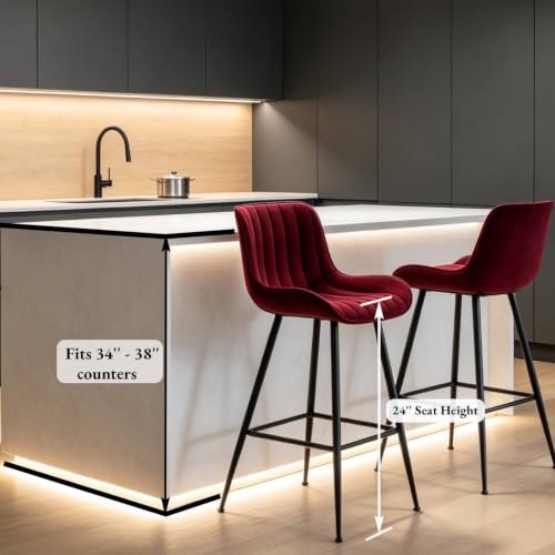 Whiterye Velvet Upholstered Set of 2 Counter Bar Stools - Burgundy
