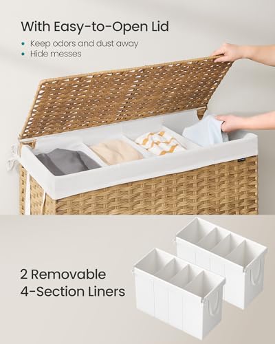 SONGMICS Natural 200L 4-Section Laundry Hamper with Lid & Mesh Bags