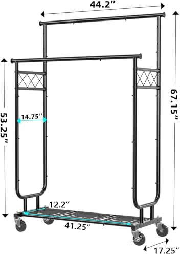 Heavy Duty Rolling Clothes Rack with Shelves - 450 lbs Capacity, Double Rod & Lockable Wheels