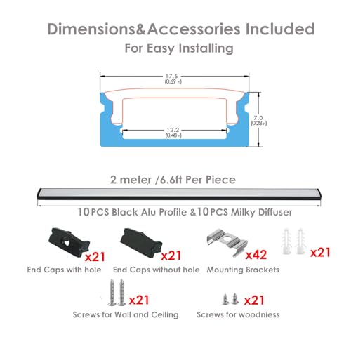 Besseto Black Aluminum LED Channel Kit 10 Pack for 12mm LED Strips 2m Each