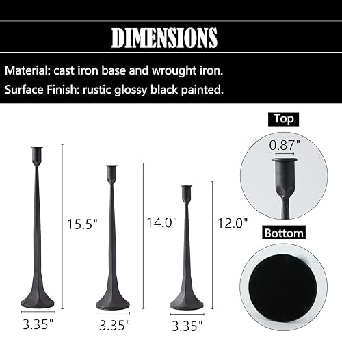 Black Cast Iron Taper Candle Holder Set of 3, Tall Rustic Candle Stands for Wedding & Home Decor – 12”, 14”, 15.5” Variations