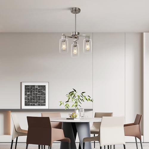Syltherra 3-Light Brushed Nickel Pendant Light Fixture with Glass Shade - Modern Adjustable Kitchen & Dining Chandelier