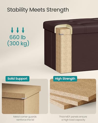 SONGMICS Storage Ottoman Bench Brown 43.3 Inch Foldable Footrest Stool - Without Flipping Lid