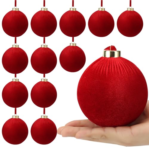 ZenNex 12-Pack Velvet Christmas Ornaments 4 Inch Red Flocked Shatterproof Holiday Decor