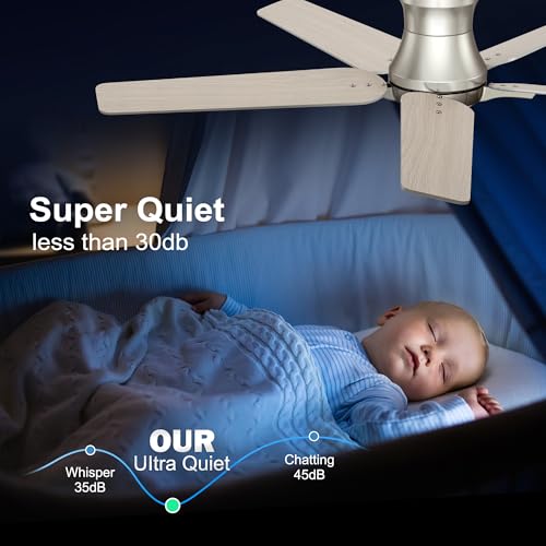 POCHFAN 52 Inch Brushed Nickel Ceiling Fan with Lights and Remote - Low Profile, Dimmable, Noiseless for Bedroom & Living Room