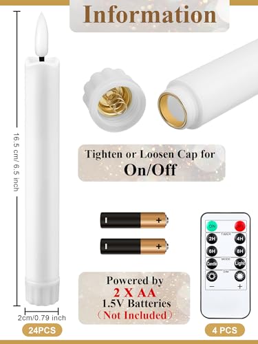 Funtery Classic Style 6.5-inch Flameless LED Taper Candles with Remote - White, 48 pcs