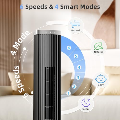 Black 41-Inch Tower Fan with Remote, 6 Speeds & 4 Modes - Oscillating Bladeless Fan