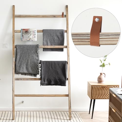 Extra Wide Wooden Blanket Ladder 38 Inch Rustic Decor Rack - Burnt Brown, 6.4ft
