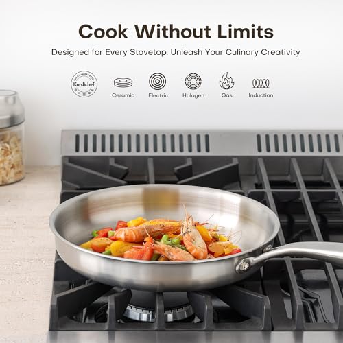 Kordichef 12 Inch Stainless Steel Frying Pan with Lid - Healthy, Induction Compatible Skillet