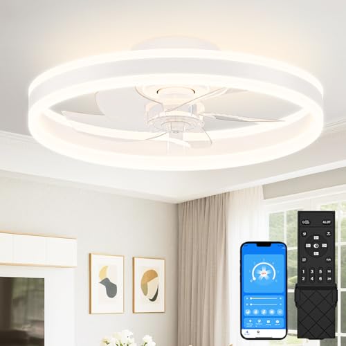 VOLISUN 20 Inch White Low Profile Ceiling Fan with Dimmable LED Lights and Remote - Flush Mount Fandelier for Bedroom