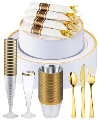 Gold Disposable Dinnerware Set for 70 Guests - 560 Pcs Fancy Plastic Plates & Glasses