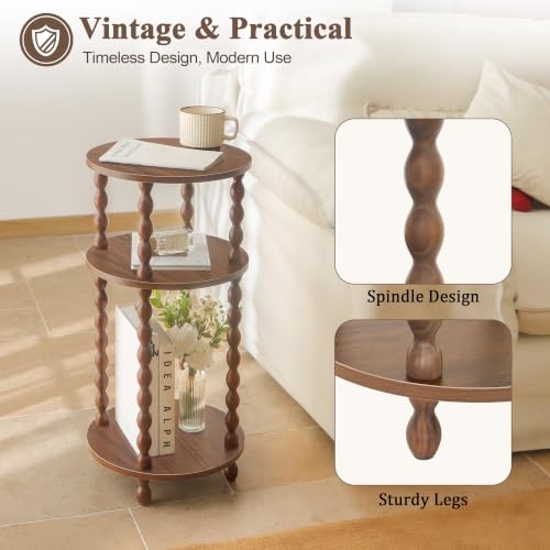 Small Round End Table with 3-Tier Open Shelves - Walnut Brown