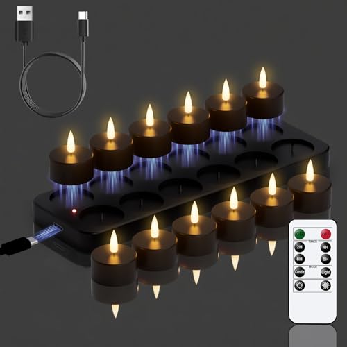 Rechargeable Black Tea Lights Candles with Remote & Timer - Set of 12 - Black