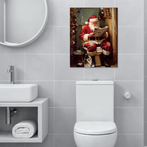 XIPLUM Funny Christmas Bathroom Canvas Wall Art Framed Santa on Toilet 8x10 in - Holiday Humorous Poster