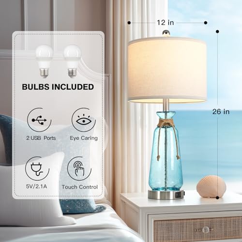 Coastal 26-Inch Dimmable Bedside Lamps Set of 2 with USB & AC Outlet - Teal