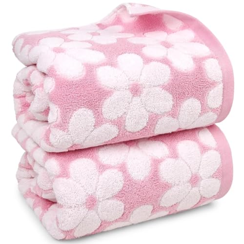 Pink Cotton Bath Towels Set of 2 - 27.5x55 Inches, Super Absorbent & Decorative