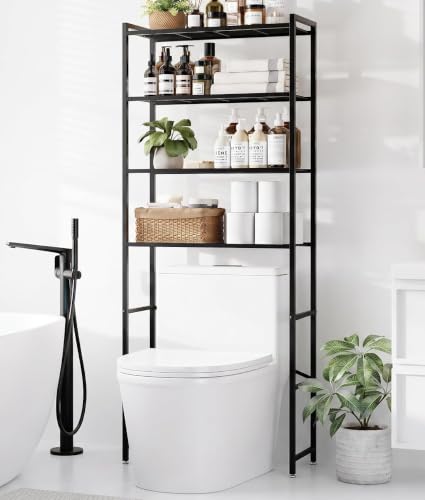 Over-the-Toilet Bathroom Organizer Rack with 4 Tiers, Adjustable Feet - Black