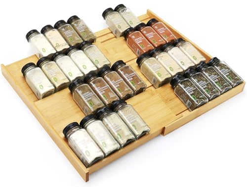 Natural Bamboo Spice Drawer Organizer - 4-Tier Expandable Kitchen Rack