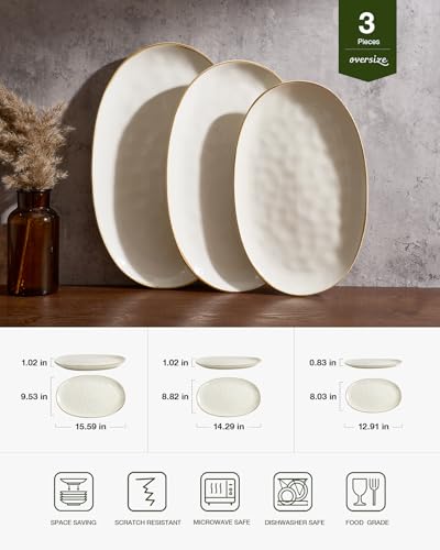 Famiware Serving Platters Set of 3 - Oval Vanilla White with Wave Design