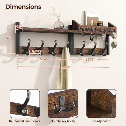 Rustic Brown 29-Inch Wall Mount Coat Rack with Shelf and Hooks - Entryway Organizer