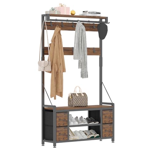 39-Inch Hall Tree with Storage Bench and Coat Rack - Rustic Brown