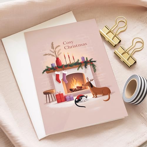 Cozy Christmas Greeting Card with Envelope - Fireplace Scene, Dog & Cat Design, Scandinavian Holiday Style, 5.3x8in