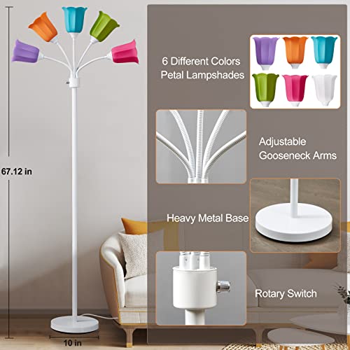 Medusa LED Floor Lamp with 6 Color Tulip Shades, Adjustable Gooseneck, Tall Standing Lamp for Living Room Bedroom Kids Room Office - White