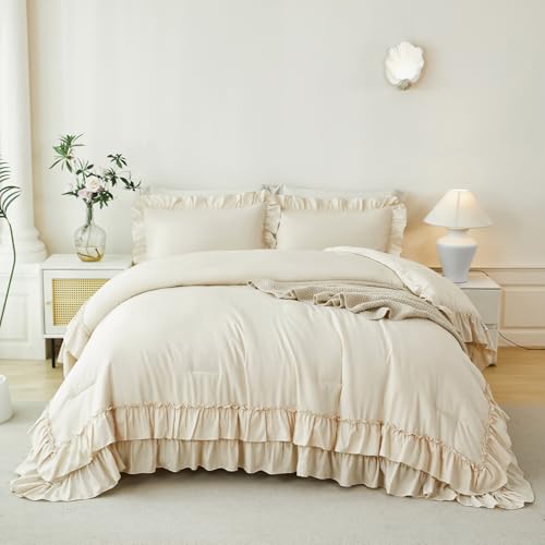 ANGIYUIN 5-Piece Queen Bedding Set Beige Double Ruffle Comforter Sheets