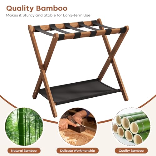 Walnut Luggage Rack Set of 2 - Foldable Suitcase Stand with Storage Shelf