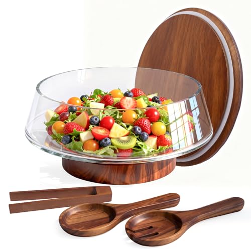 Large Glass Salad Bowl Set with Lid and Wooden Base - 5 Qt, Includes Salad Servers