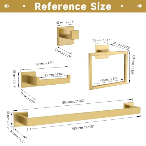 TNOMS 10-Piece Brushed Gold Bathroom Hardware Set - Wall Mount, SUS304 Stainless Steel, 23.6 Inch