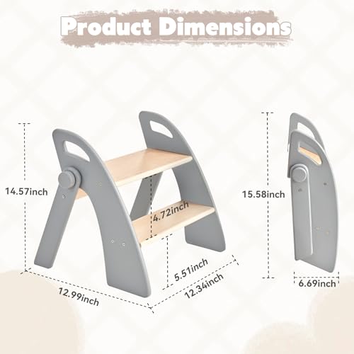 Wooden 2 Step Stool for Kids Bathroom Sink - Foldable Non-Slip Child Step Stool - Grey St-Gray