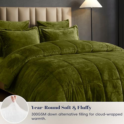 Double Velvet Comforter Set - King Olive Green 5-Pc Winter Bedding
