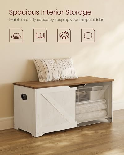 VASAGLE Farmhouse Storage Chest with Safety Hinges - Honey Brown + Rustic White, 39.4"W x 18.1"H
