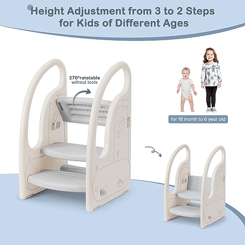 Onasti Kids 3 Step Toddler Stool - Grey Learning Tower for Kitchen Bathroom Potty Training & Independence