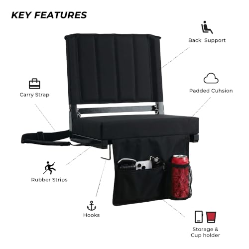 SPORT BEATS Stadium Folding Seat with Back Support, Cup Holder & Storage - Black / Regular
