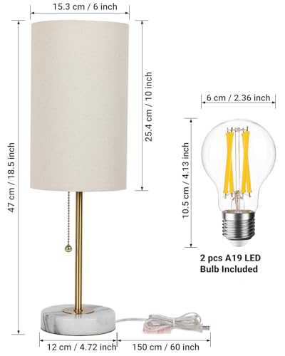 JUNNAI Set of 2 Small Dimmable Bedside Table Lamps with Marble Base & Linen Shade - Gold & Marble Variant